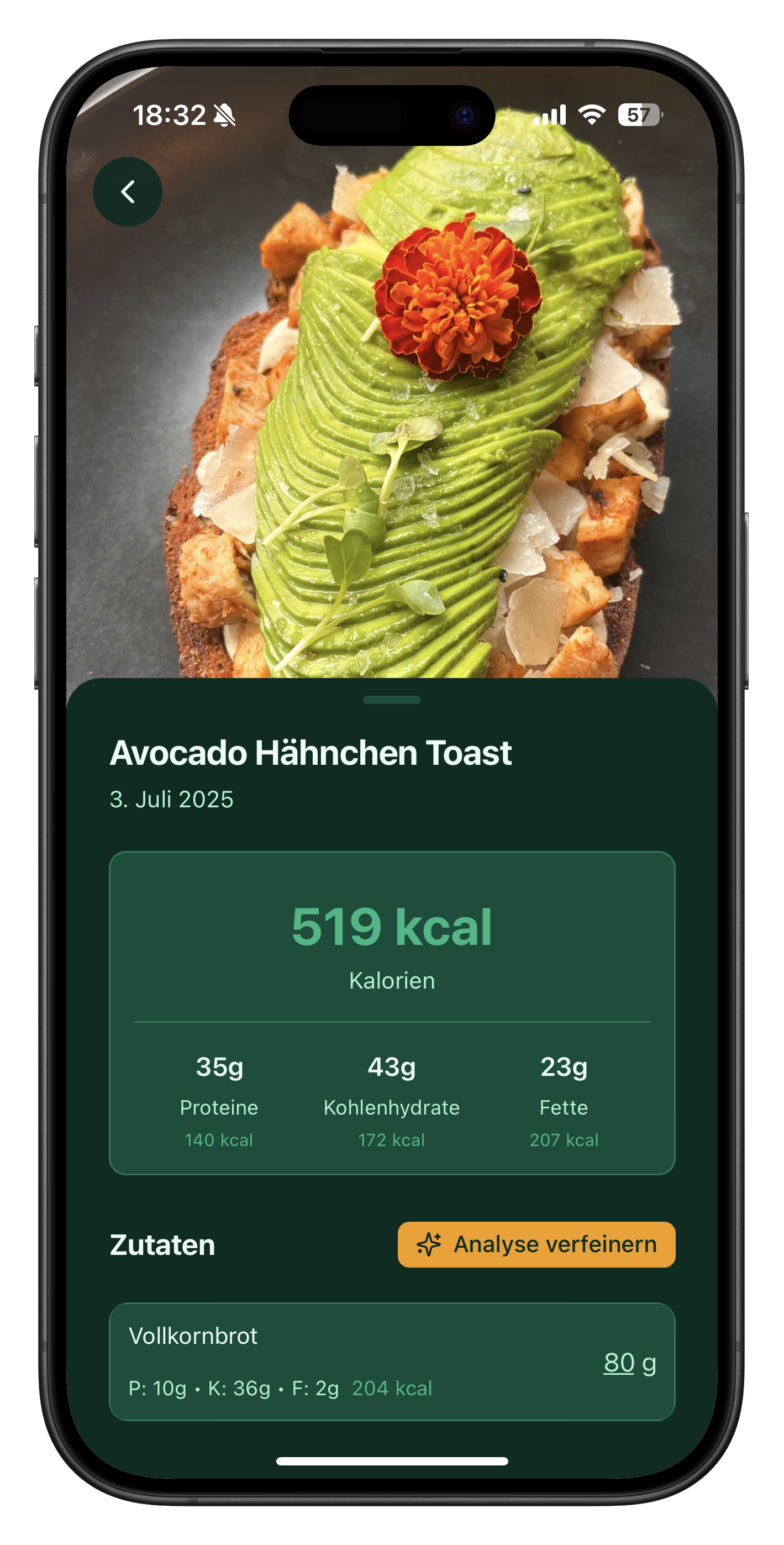 Makros und Nährstoffdetails der Mahlzeit auf dem iPhone